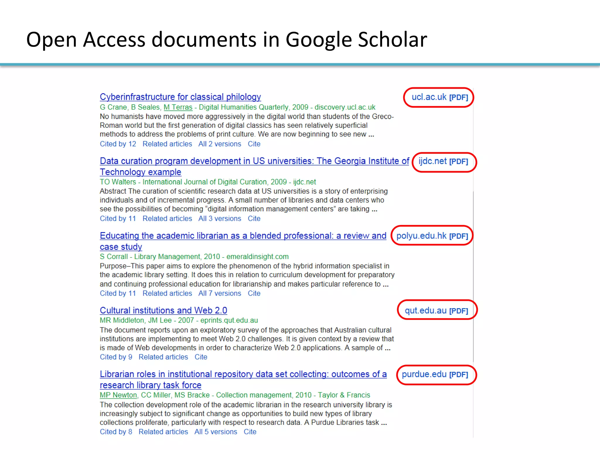 Open Access documents in Google Scholar
 