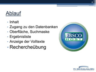 AblaufInhaltZugang zu den DatenbankenOberfläche, SuchmaskeErgebnislisteAnzeige der VolltexteRechercheübung2