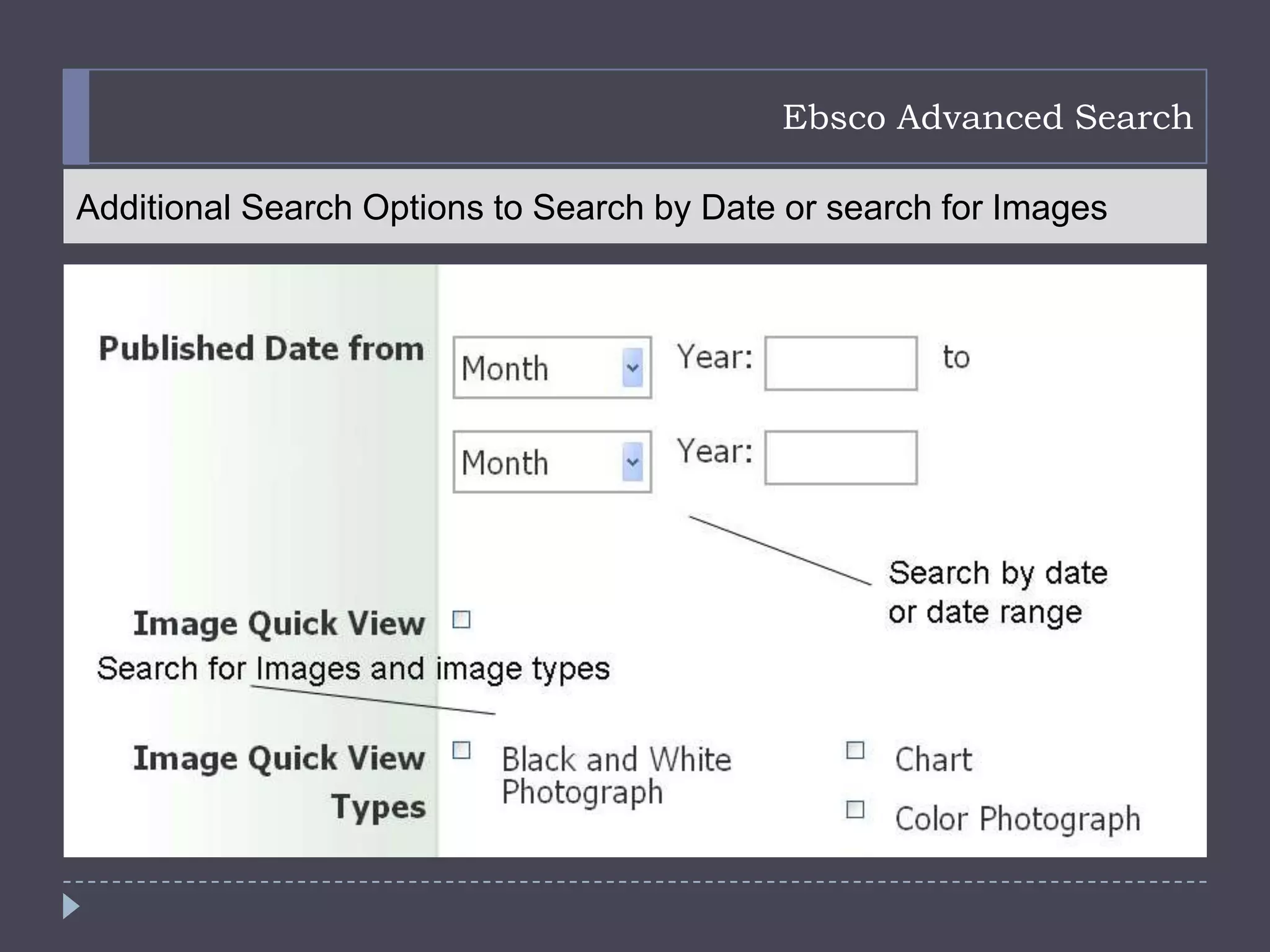 Ebsco Advanced Search

Additional Search Options to Search by Date or search for Images
 