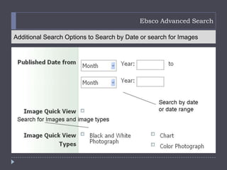 Ebsco Advanced Search

Additional Search Options to Search by Date or search for Images
 