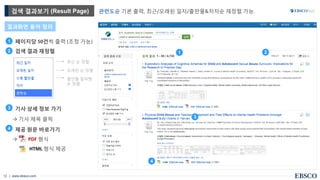 | www.ebsco.com12
• 페이지당 50건씩 출력 (조정 가능)
• 검색 결과 재정렬
• 기사 상세 정보 가기
→ 기사 제목 클릭
• 제공 원문 바로가기
→ PDF 형식
HTML 형식 제공
검색 결과보기 (Result Page)
결과화면 용어 정리
1
1
22
3
4
3
4
최신 순 정렬
오래된 순 정렬
출판물 알파벳
순 정렬
관련도순 기본 출력, 최근/오래된 일자/출판물&저자순 재정렬 가능.
 