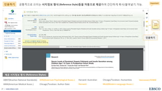 | www.ebsco.com21
공통적으로 쓰이는 서지정보 형식 (Reference Style)등을 자동으로 제공하여 간단하게 복사/붙여넣기 가능.
제공 서지정보 형식 (Reference Styles)
인용하기
ABNT(Brazilian National Standards)
AMA(American Medical Assoc.)
APA(American Psychological Assoc.)
Chicago/Turabian: Author-Date
Harvard: Australian
Harvard
Chicago/Turabian: Humanities
MLA(Modern Language Assoc.)
Vancouver/ICMJE
Important
인용하기
 