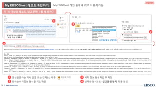 | www.ebsco.com32
• 생성을 원하는 기사 선별 (또는 전체) 선택 후
• 원하는 서지정보 형식을 지정/확인
두 건 이상의 레코드 참고문헌 자동 생성하기
• 서지 정보 형식 확인 후 저장
• 선택한 형식으로 “참고문헌 형식” 자동 생성
My EBSCOhost 레코드 확인하기 My EBSCOhost 개인 폴더 내 레코드 유지 가능.
Important
2
3
서지정보형식 선택/지정
참고문헌으로 저장하고
싶은 기사 선택 확인
4
1
2
3
4
1
 