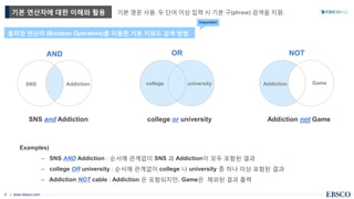 | www.ebsco.com6
기본 영문 사용. 두 단어 이상 입력 시 기본 구(phrase) 검색을 지원.
Examples)
– SNS AND Addiction : 순서에 관계없이 SNS 과 Addiction이 모두 포함된 결과
– college OR university : 순서에 관계없이 college 나 university 중 하나 이상 포함된 결과
– Addiction NOT cable : Addiction 은 포함되지만, Game은 제외된 결과 출력
AND
SNS and Addiction college or university Addiction not Game
SNS Addiction college university Addiction Game
기본 연산자에 대한 이해와 활용
불리언 연산자 (Boolean Operators)를 이용한 기본 키워드 검색 방법
OR NOT
Important
 