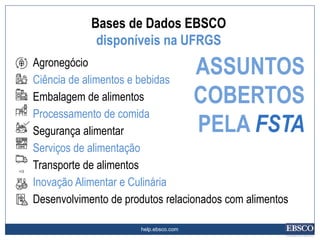 help.ebsco.com
Agronegócio
Ciência de alimentos e bebidas
Embalagem de alimentos
Processamento de comida
Segurança alimentar
Serviços de alimentação
Transporte de alimentos
Inovação Alimentar e Culinária
Desenvolvimento de produtos relacionados com alimentos
ASSUNTOS
COBERTOS
PELA FSTA
Bases de Dados EBSCO
disponíveis na UFRGS
 