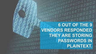 6 OUT OF THE 9
VENDORS RESPONDED
THEY ARE STORING
PASSWORDS IN
PLAINTEXT.
 