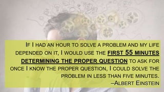 IF I HAD AN HOUR TO SOLVE A PROBLEM AND MY LIFE
DEPENDED ON IT, I WOULD USE THE FIRST 55 MINUTES
DETERMINING THE PROPER QUESTION TO ASK FOR
ONCE I KNOW THE PROPER QUESTION, I COULD SOLVE THE
PROBLEM IN LESS THAN FIVE MINUTES.
–ALBERT EINSTEIN
 