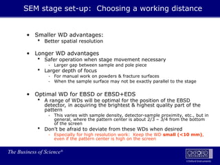 The Business of Science®
Oxford Instruments
• Smaller WD advantages:
 Better spatial resolution
• Longer WD advantages
 Safer operation when stage movement necessary
- Larger gap between sample and pole piece
 Larger depth of focus
- For manual work on powders & fracture surfaces
- When the sample surface may not be exactly parallel to the stage
• Optimal WD for EBSD or EBSD+EDS
 A range of WDs will be optimal for the position of the EBSD
detector, in acquiring the brightest & highest quality part of the
pattern
- This varies with sample density, detector-sample proximity, etc., but in
general, where the pattern center is about 2/3 – 3/4 from the bottom
of the screen
 Don’t be afraid to deviate from these WDs when desired
- Especially for high resolution work: Keep the WD small (<10 mm),
even if the pattern center is high on the screen
SEM stage set-up: Choosing a working distance
 