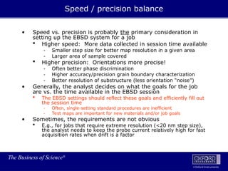 The Business of Science®
Oxford Instruments
• Speed vs. precision is probably the primary consideration in
setting up the EBSD system for a job
 Higher speed: More data collected in session time available
- Smaller step size for better map resolution in a given area
- Larger area of sample covered
 Higher precision: Orientations more precise!
- Often better phase discrimination
- Higher accuracy/precision grain boundary characterization
- Better resolution of substructure (less orientation “noise”)
• Generally, the analyst decides on what the goals for the job
are vs. the time available in the EBSD session
 The EBSD settings should reflect these goals and efficiently fill out
the session time
- Often, single-setting standard procedures are inefficient
- Test maps are important for new materials and/or job goals
• Sometimes, the requirements are not obvious
 E.g., for jobs that require extreme resolution (<20 nm step size),
the analyst needs to keep the probe current relatively high for fast
acquisition rates when drift is a factor
Speed / precision balance
 