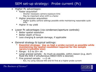 The Business of Science®
Oxford Instruments
• Higher Pc advantages:
 Faster acquisition
- Shorter necessary camera exposure time
- May be important when drift is a factor
 Higher precision acquisition
- Higher quality camera settings possible while maintaining reasonable cycle
time
 Higher X-ray yield
• Lower Pc advantages (via condenser/aperture controls)
 Better spatial resolution
 Better depth of focus
 Less charging & sample damage, if applicable
• General strategy & typical settings:
 Essential strategy: Use as high a probe current as possible while
maintaining the spatial resolution required for the sample
(grain/crystallite size)
 Range: 0.5 to 25+ nA
 Large grained sample: As much as possible, within reason (e.g, don’t
flood the EDS if simultaneous EBSD+EDS is desired)
 Fine grained sample: ~~2 nA
- But, try using reduced WD and kV first at a higher probe current
SEM set-up strategy: Probe current (Pc)
 