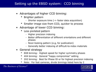 The Business of Science®
Oxford Instruments
• Advantages of higher CCD binning:
 Brighter pattern
- Shorter exposure time (-> faster data acquisition)
 Smaller image size from CCD, quicker to process
• Advantage of lower CCD binning:
 Less pixilated pattern
- Higher precision indexing
- Better differentiation of different orientations and different
phases
- Nicer-looking pattern (e.g, for publication)
- Generally better indexing of difficult-to-index materials
• General strategy
 8X8 binning: Highest speed for higher symmetry phases
 4X4 binning: General “happy compromise” setting
 2X2 binning: Best for Phase ID or for highest precision indexing
 Note: For fast cameras, divide binnings listed here by 2
Setting up the EBSD system: CCD binning
 