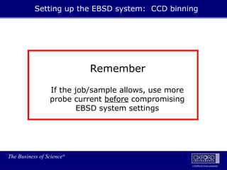 The Business of Science®
Oxford Instruments
Remember
If the job/sample allows, use more
probe current before compromising
EBSD system settings
Setting up the EBSD system: CCD binning
 
