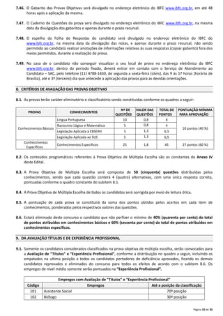 Página 10 de 30
7.46. O Gabarito das Provas Objetivas será divulgado no endereço eletrônico do IBFC www.ibfc.org.br, em até 48
horas após a aplicação da mesma.
7.47. O Caderno de Questões da prova será divulgado no endereço eletrônico do IBFC www.ibfc.org.br, na mesma
data da divulgação dos gabaritos e apenas durante o prazo recursal.
7.48. O espelho da Folha de Respostas do candidato será divulgado no endereço eletrônico do IBFC do
www.ibfc.org.br, na mesma data da divulgação das notas, e apenas durante o prazo recursal, não sendo
permitido ao candidato realizar anotações de informações relativas às suas respostas (copiar gabarito) fora dos
meios permitidos, durante a realização da prova.
7.49. No caso de o candidato não conseguir visualizar o seu local de prova no endereço eletrônico do IBFC
www.ibfc.org.br, dentro do período fixado, deverá entrar em contato com o Serviço de Atendimento ao
Candidato – SAC, pelo telefone (11) 4788-1430, de segunda a sexta-feira (úteis), das 9 às 17 horas (horário de
Brasília), até o 3º (terceiro) dia que antecede a aplicação das provas para as devidas orientações.
8. CRITÉRIOS DE AVALIAÇÃO DAS PROVAS OBJETIVAS
8.1. As provas terão caráter eliminatório e classificatório sendo constituídas conforme os quadros a seguir:
PROVAS CONHECIMENTOS
Nº DE
QUESTÕES
VALOR DAS
QUESTÕES
TOTAL DE
PONTOS
PONTUAÇÃO MÍNIMA
PARA APROVAÇÃO
Conhecimentos Básicos
Língua Portuguesa 10 0,8 8
10 pontos (40 %)
Raciocínio Lógico e Matemático 5 0,8 4
Legislação Aplicada à EBSERH 5 1,3 6,5
Legislação Aplicada ao SUS 5 1,3 6,5
Conhecimentos
Específicos
Conhecimentos Específicos 25 1,8 45 27 pontos (60 %)
8.2. Os conteúdos programáticos referentes à Prova Objetiva de Múltipla Escolha são os constantes do Anexo IV
deste Edital.
8.3. A Prova Objetiva de Múltipla Escolha será composta de 50 (cinquenta) questões distribuídas pelos
conhecimentos, sendo que cada questão conterá 4 (quatro) alternativas, com uma única resposta correta,
pontuadas conforme o quadro constante do subitem 8.1.
8.4. A Prova Objetiva de Múltipla Escolha de todos os candidatos será corrigida por meio de leitura ótica.
8.5. A pontuação de cada prova se constituirá da soma dos pontos obtidos pelos acertos em cada item de
conhecimentos, ponderados pelos respectivos valores das questões.
8.6. Estará eliminado deste concurso o candidato que não perfizer o mínimo de 40% (quarenta por cento) do total
de pontos atribuídos em conhecimentos básicos e 60% (sessenta por cento) do total de pontos atribuídos em
conhecimentos específicos.
9. DA AVALIAÇÃO TÍTULOS E DE EXPERIÊNCIA PROFISSIONAL
9.1. Somente os candidatos considerados classificados na prova objetiva de múltipla escolha, serão convocados para
a Avaliação de “Títulos” e “Experiência Profissional”, conforme a distribuição no quadro a seguir, incluindo os
empatados na ultima posição e todos os candidatos portadores de deficiência aprovados, ficando os demais
candidatos reprovados e eliminados do concurso para todos os efeitos de acordo com o subitem 8.6. Os
empregos de nível médio somente serão pontuados na “Experiência Profissional”.
Empregos com Avaliação de “Títulos” e “Experiência Profissional”
Código Empregos Até a posição da classificação
101 Assistente Social 70ª posição
102 Biólogo 30ª posição
 