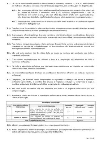 Página 13 de 30
9.17. Em caso de impossibilidade de emissão da documentação prevista no subitem 9.14, “a” e “b”, exclusivamente
por motivo de extinção da sociedade empresária e/ou da cooperativa, será admitida, para fins de pontuação:
9.17.1. Para empregados celetistas de sociedade empresária e/ou de cooperativa, somente cópia autenticada
da Carteira de Trabalho e Previdência Social (CTPS) constando obrigatoriamente a folha de
identificação com número e série, a folha com a foto do portador, a folha com a qualificação civil, a
folha de contrato de trabalho e as folhas de alterações de salário que constem mudança de função; e
9.17.2. Para cooperados, cópia autenticada do estatuto social e do termo de extinção da cooperativa, expedido
pelo Cartório de Registro Civil.
9.18. Quando o nome do candidato for diferente do constante dos documentos apresentado, deverá ser anexado
comprovante de alteração do nome (por exemplo: certidão de casamento).
9.19. O comprovante referente ao tempo de serviço exercido no exterior, somente será considerado se o documento
estiver traduzido para o português, por tradutor juramentado e em conformidade com as normas estabelecidas
neste Edital.
9.20. Para efeito de cômputo de pontuação relativa ao tempo de experiência, somente será considerado tempo de
experiência no exercício da profissão/emprego em anos completos, não sendo considerada mais de uma
pontuação concomitante no mesmo período.
9.21. Não será aceito qualquer tipo de estágio, bolsa de estudo ou monitoria para pontuação dos títulos e
experiência profissional.
9.22. É de exclusiva responsabilidade do candidato o envio e a comprovação dos documentos de títulos e
experiência profissional.
9.23. Os títulos e experiência profissional que não preencherem devidamente as exigências de comprovação,
contidas neste Edital, não serão considerados.
9.24. Em nenhuma hipótese haverá devolução aos candidatos de documentos referentes aos títulos e a experiência
profissional.
9.25. Comprovada, em qualquer tempo, irregularidade ou ilegalidade na obtenção dos títulos e experiência
profissional apresentados, o candidato terá anulada a respectiva pontuação e, comprovada a culpa, o
candidato será excluído deste Concurso Público, sem prejuízo das medidas penais cabíveis.
9.26. Não serão aceitos documentos que não atenderem aos prazos e às exigências deste Edital e/ou suas
complementações.
9.27. A pontuação relativa aos títulos e às experiências profissionais se limitará ao valor máximo de acordo com as
tabelas de pontuação.
9.28. Não será pontuada experiência para os dois itens em períodos concomitantes.
9.29. A soma da pontuação máxima a ser atingida pelos candidatos que comprovarem experiência profissional, não
poderá sob hipótese alguma superar a pontuação total de 15 pontos.
EXPERIÊNCIA PROFISSIONAL
ITEM
TEMPO DE EXPERIÊNCIA
PROFISSIONAL
COMPROVANTE/DESCRIÇÃO
Pontuação
por ano
Quantidade
máxima de anos
Pontuação
máxima
1 Hospital de Ensino
Anos completos de exercício da profissão em
hospital de ensino no emprego pleiteado (ver
Portaria Interministerial 2.400/2007 – MEC/MS), sem
sobreposição de tempo.
1,0 15 anos 15,0
2 Exercício da Profissão
Anos completos de exercício da profissão, no
emprego pleiteado, sem sobreposição de tempo.
0,8 15 anos 12,0
TOTAL MÁXIMO DE PONTUAÇÃO 15 pontos
 