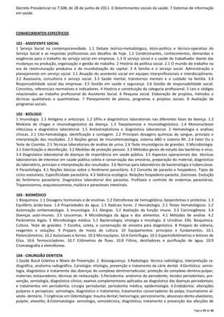 Página 25 de 30
Decreto Presidencial no 7.508, de 28 de junho de 2011. 6 Determinantes sociais da saúde. 7 Sistemas de informação
em saúde.
CONHECIMENTOS ESPECÍFICOS
101 - ASSISTENTE SOCIAL
1 Serviço Social na contemporaneidade. 1.1 Debate teórico-metodológico, ético-político e técnico-operativo do
Serviço Social e as respostas profissionais aos desafios de hoje. 1.2 Condicionantes, conhecimentos, demandas e
exigências para o trabalho do serviço social em empresas. 1.3 O serviço social e a saúde do trabalhador diante das
mudanças na produção, organização e gestão do trabalho. 2 História da política social. 2.1 O mundo do trabalho na
era da reestruturação produtiva e da mundialização do capital. 3 A família e o serviço social. Administração e
planejamento em serviço social. 3.1 Atuação do assistente social em equipes interprofissionais e interdisciplinares.
3.2 Assessoria, consultoria e serviço social. 3.3 Saúde mental, transtornos mentais e o cuidado na família. 3.4
Responsabilidade social das empresas. 3.5 Gestão em saúde e segurança. 3.6 Gestão de responsabilidade social.
Conceitos, referenciais normativos e indicadores. 4 História e constituição da categoria proﬁssional. 5 Leis e códigos
relacionados ao trabalho proﬁssional do Assistente Social. 6 Pesquisa social. Elaboração de projetos, métodos e
técnicas qualitativas e quantitativas. 7 Planejamento de planos, programas e projetos sociais. 8 Avaliação de
programas sociais.
102 - BIÓLOGO
1 Imunologia. 1.1 Antígeno e anticorpo. 1.2 Sífilis e diagnósticos laboratoriais nas diferentes fases da doença. 1.3
Moléstia de chagas e imunodiagnóstico da doença. 1.3 Toxoplasmose e imunodiagnóstico. 1.4 Mononucleose
infecciosa e diagnóstico laboratorial. 1.5 Antiestreptolisina e diagnóstico laboratorial. 2 Hematologia e análises
clínicas. 2.1 Cito-hematologia, identificação e contagem. 2.2 Principais dosagens químicas do sangue, princípio e
interpretação dos resultados. 2.3 Noções gerais de ImunoHematologia, sistema ABO e sistema Rh. 2.4 Fator Du e
Teste de Coombs. 2.5 Técnicas laboratoriais de análise de urina. 2.6 Teste imunológicos de gravidez. 3 Microbiologia.
3.1 Esterilização e desinfecção. 3.2 Medidas de proteção pessoal. 3.3 Métodos gerais de estudo das bactérias e vírus.
3.4 Diagnóstico laboratorial de doenças de importância em saúde pública. 3.5 Aspectos operacionais das técnicas
laboratoriais de interesse em saúde pública coleta e conservação das amostras, preparação do material, diagnóstico
do laboratório, princípio e interpretação dos resultados. 3.6 Normas para laboratórios de bacteriologia e tuberculose.
4 Parasitologia. 4.1 Noções básicas sobre o fenômeno parasitário. 4.2 Conceito de parasito e hospedeiro. Tipos de
ciclos evolutivos. Especificidade parasitária. 4.3 Valência ecológica. Relações hospedeiro-parasita. Zoonoses. Evolução
do fenômeno parasitário. Diagnóstico laboratorial dos parasitas. Profilaxia e controle de endemias parasitárias.
Tripanossomas, esquistossomose, malária e parasitoses intestinais.
103 - BIOMÉDICO
1 Bioquímica. 1.1 Dosagens hormonais e de enzimas. 1.2 Eletroforese de hemoglobina, lipoproteínas e proteínas. 1.3
Equilíbrio ácido-base. 1.4 Propriedades da água. 1.5 Radicais livres. 2 Hematologia. 2.1 Testes hematológicos. 2.2
Automação emhematologia. 3 Imunologia. 3.1 Alergias. 3.2 Avaliação da função imune. 3.3 Carcinogênese. 3.4
Doenças auto-imunes. 3.5 Leucemias. 4 Microbiologia da água e dos alimentos. 4.1 Métodos de análise. 4.2
Parâmetros legais. 5 Microbiologia médica. 5.1 Bacteriologia, virologia e micologia. 6 Urinálise. EAS. Bioquímica.
Cultura. Teste de gravidez. 7 Escolha, coleta, e conservação de amostra para diagnóstico. 8 Preparo de vidraria,
reagentes e soluções. 9 Preparo de meios de cultura. 10 Equipamentos: princípios e fundamentos. 10.1
Potenciômetros. 10.2 Autoclaves e fornos. 10.3 Microscópios. 10.4 Centrífugas. 10.5 Espectrofotômetros e leitores de
Elisa. 10.6 Termocicladores. 10.7 Citômetros de ﬂuxo. 10.8 Filtros, destiladores e puriﬁcação de água. 10.9
Cromatografia e eletroforese.
104 - CIRURGIÃO DENTISTA
1.Saúde Bucal Coletiva e Níveis de Prevenção. 2. Biossegurança. 3.Radiologia: técnica radiológica; interpretação ra-
diográfica; anatomia radiográfica. Cariologia: etiologia, prevenção e tratamento da cárie dental. 4.Dentística: semio-
logia, diagnóstico e tratamento das doenças do complexo dentinorradicular; proteção do complexo dentino-pulpar;
materiais restauradores; técnicas de restauração. 5.Periodontia: anatomia do periodonto; tecidos periodontais; pre-
venção, semiologia, diagnóstico clínico; exames complementares aplicados ao diagnóstico das doenças periodontais;
e tratamentos em periodontia; cirurgia periodontal; periodontia médica; epidemiologia. 6.Endodontia: alterações
pulpares e periapicais: semiologia, diagnóstico e tratamento; tratamentos conservadores da polpa; traumatismo al-
véolo- dentário. 7.Urgências em Odontologia: trauma dental; hemorragia; pericoronarite, abscessos dento-alveolares;
pulpite; alveolite; 8.Estomatologia: semiologia, semiotécnica, diagnóstico, tratamento e prevenção das afecções de
 