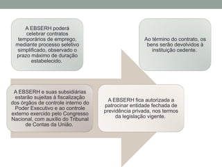 A EBSERH poderá
celebrar contratos
temporários de emprego,
mediante processo seletivo
simplificado, observado o
prazo máximo de duração
estabelecido.
Ao término do contrato, os
bens serão devolvidos à
instituição cedente.
A EBSERH e suas subsidiárias
estarão sujeitas à fiscalização
dos órgãos de controle interno do
Poder Executivo e ao controle
externo exercido pelo Congresso
Nacional, com auxílio do Tribunal
de Contas da União.
A EBSERH fica autorizada a
patrocinar entidade fechada de
previdência privada, nos termos
da legislação vigente.
 