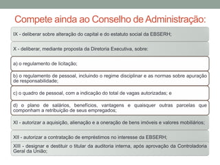 Compete ainda ao Conselho de Administração:
IX - deliberar sobre alteração do capital e do estatuto social da EBSERH;
X - deliberar, mediante proposta da Diretoria Executiva, sobre:
a) o regulamento de licitação;
b) o regulamento de pessoal, incluindo o regime disciplinar e as normas sobre apuração
de responsabilidade;
c) o quadro de pessoal, com a indicação do total de vagas autorizadas; e
d) o plano de salários, benefícios, vantagens e quaisquer outras parcelas que
componham a retribuição de seus empregados;
XI - autorizar a aquisição, alienação e a oneração de bens imóveis e valores mobiliários;
XII - autorizar a contratação de empréstimos no interesse da EBSERH;
XIII - designar e destituir o titular da auditoria interna, após aprovação da Controladoria
Geral da União;
 