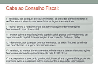 Cabe ao Conselho Fiscal:
I - fiscalizar, por qualquer de seus membros, os atos dos administradores e
verificar o cumprimento dos seus deveres legais e estatutários;
II - opinar sobre o relatório anual da administração e demonstrações
financeiras do exercício social;
III - opinar sobre a modificação do capital social, planos de investimento ou
orçamentos de capital, transformação, incorporação, fusão ou cisão;
IV - denunciar, por qualquer de seus membros, os erros, fraudes ou crimes
que descobrirem, e sugerir providências úteis;
V - analisar, ao menos trimestralmente, o balancete e demais demonstrações
financeiras elaboradas periodicamente pela EBSERH; e
VI - acompanhar a execução patrimonial, financeira e orçamentária, podendo
examinar livros e quaisquer outros documentos e requisitar informações.
 