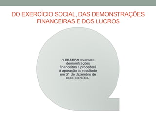 DO EXERCÍCIO SOCIAL, DAS DEMONSTRAÇÕES
FINANCEIRAS E DOS LUCROS
A EBSERH levantará
demonstrações
financeiras e procederá
à apuração do resultado
em 31 de dezembro de
cada exercício.
 