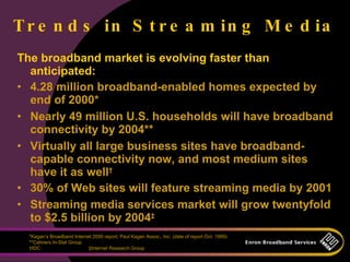 T r e n d s in S t r e a m in g M e d ia
The broadband market is evolving faster than
  anticipated:
• 4.28 million broadband-enabled homes expected by
  end of 2000*
• Nearly 49 million U.S. households will have broadband
  connectivity by 2004**
• Virtually all large business sites have broadband-
  capable connectivity now, and most medium sites
  have it as well†
• 30% of Web sites will feature streaming media by 2001
• Streaming media services market will grow twentyfold
  to $2.5 billion by 2004‡
  *Kagan’s Broadband Internet 2000 report, Paul Kagan Assoc., Inc. (date of report Oct. 1999)
  **Cahners In-Stat Group
  †IDC                      ‡Internet Research Group
 