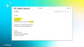 RE: Urgent request
6
6
Hi John,
Amazing work!
Thank you!
We didn’t expect it to be done so fast!
Attached is a $100 Amazon gift card.
A small token of our appreciation.
Thanks,
Brittney Smith
Global Purchasing Manager
+44-817-555-7177
 