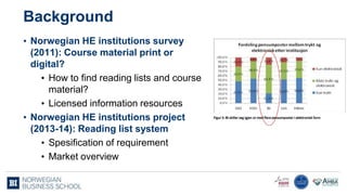 Background
• Norwegian HE institutions survey
(2011): Course material print or
digital?
• How to find reading lists and co...