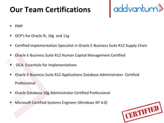 Our Team Certifications
 PMP
 OCP's for Oracle 9i, 10g and 11g
 Certified Implementation Specialist in Oracle E-Business Suite R12 Supply Chain
 Oracle E-Business Suite R12 Human Capital Management Certified
 OCA- Essentials for Implementations
 Oracle E-Business Suite R12 Applications Database Administrator Certified
Professional
 Oracle Database 10g Administrator Certified Professional
 Microsoft Certified Systems Engineer (Windows NT 4.0)
 