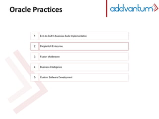 Oracle Practices
4
1
5
End-to-End E-Business Suite Implementation
Business Intelligence
Custom Software Development
3 Fusion Middleware
2 PeopleSoft Enterprise
 
