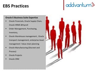 EBS Practices
Oracle E-Business Suite Expertise
 Oracle Financials, Oracle Supply Chain,
Oracle HRMS &Payroll
 Order Management, Purchasing,
Inventory,
 Oracle Warehouse management , Oracle
transport management, enterprise Asset
management Value chain planning
 Oracle Manufacturing (Discreet and
Process)
 Oracle Projects
 Oracle CRM
 