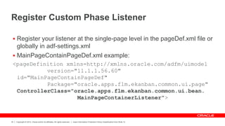 Copyright © 2012, Oracle and/or its affiliates. All rights reserved. Insert Information Protection Policy Classification from Slide 12
30
Register Custom Phase Listener
 Register your listener at the single-page level in the pageDef.xml file or
globally in adf-settings.xml
 MainPageContainPageDef.xml example:
<pageDefinition xmlns=http://xmlns.oracle.com/adfm/uimodel
version="11.1.1.56.60"
id="MainPageContainPageDef"
Package="oracle.apps.flm.ekanban.common.ui.page"
ControllerClass="oracle.apps.flm.ekanban.common.ui.bean.
MainPageContainerListener">
 