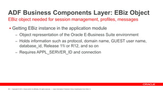 Copyright © 2012, Oracle and/or its affiliates. All rights reserved. Insert Information Protection Policy Classification from Slide 12
38
ADF Business Components Layer: EBiz Object
 Getting EBiz instance in the application module
– Object representation of the Oracle E-Business Suite environment
– Holds information such as protocol, domain name, GUEST user name,
database_id, Release 11i or R12, and so on
– Requires APPL_SERVER_ID and connection
EBiz object needed for session management, profiles, messages
 