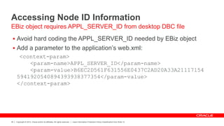 Copyright © 2012, Oracle and/or its affiliates. All rights reserved. Insert Information Protection Policy Classification from Slide 12
39
Accessing Node ID Information
 Avoid hard coding the APPL_SERVER_ID needed by EBiz object
 Add a parameter to the application’s web.xml:
<context-param>
<param-name>APPL_SERVER_ID</param-name>
<param-value>B6EC2D561F631556E0437C2AD20A33A21117154
5941920540894393938377354</param-value>
</context-param>
EBiz object requires APPL_SERVER_ID from desktop DBC file
 