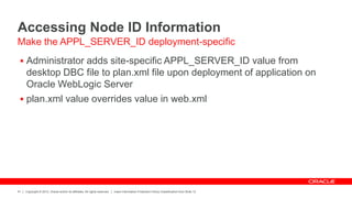 Copyright © 2012, Oracle and/or its affiliates. All rights reserved. Insert Information Protection Policy Classification from Slide 12
41
Accessing Node ID Information
 Administrator adds site-specific APPL_SERVER_ID value from
desktop DBC file to plan.xml file upon deployment of application on
Oracle WebLogic Server
 plan.xml value overrides value in web.xml
Make the APPL_SERVER_ID deployment-specific
 