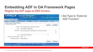 Copyright © 2012, Oracle and/or its affiliates. All rights reserved. Insert Information Protection Policy Classification from Slide 12
49
Embedding ADF in OA Framework Pages
 Set Type to “External
ADF Function”
Register the ADF page as EBS function
 