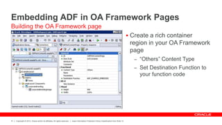 Copyright © 2012, Oracle and/or its affiliates. All rights reserved. Insert Information Protection Policy Classification from Slide 12
51
Embedding ADF in OA Framework Pages
 Create a rich container
region in your OA Framework
page
– “Others” Content Type
– Set Destination Function to
your function code
Building the OA Framework page
 
