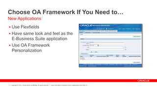 Copyright © 2012, Oracle and/or its affiliates. All rights reserved. Insert Information Protection Policy Classification from Slide 12
7
Choose OA Framework If You Need to…
 Use Flexfields
 Have same look and feel as the
E-Business Suite application
 Use OA Framework
Personalization
New Applications
 