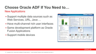 Copyright © 2012, Oracle and/or its affiliates. All rights reserved. Insert Information Protection Policy Classification from Slide 12
8
Choose Oracle ADF If You Need to…
 Support multiple data sources such as
Web Services, URL, Java …
 Have multi-channel rich user interfaces
 Same development platform as Oracle
Fusion Applications
 Support mobile devices
New Applications
 