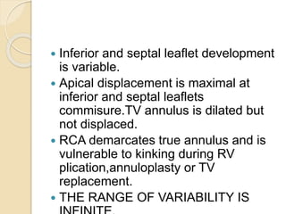  Inferior and septal leaflet development
is variable.
 Apical displacement is maximal at
inferior and septal leaflets
commisure.TV annulus is dilated but
not displaced.
 RCA demarcates true annulus and is
vulnerable to kinking during RV
plication,annuloplasty or TV
replacement.
 THE RANGE OF VARIABILITY IS
 