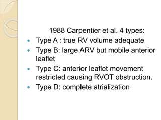 1988 Carpentier et al. 4 types:
 Type A : true RV volume adequate
 Type B: large ARV but mobile anterior
leaflet
 Type C: anterior leaflet movement
restricted causing RVOT obstruction.
 Type D: complete atrialization
 
