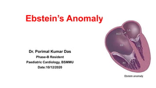 Ebstein’s Anomaly
Dr. Porimal Kumar Das
Phase-B Resident
Paediatric Cardiology, BSMMU
Date:10/12/2020
 