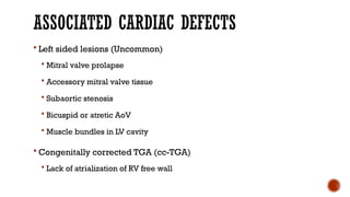 ASSOCIATED CARDIAC DEFECTS
 Left sided lesions (Uncommon)
 Mitral valve prolapse
 Accessory mitral valve tissue
 Subaortic stenosis
 Bicuspid or atretic AoV
 Muscle bundles in LV cavity
 Congenitally corrected TGA (cc-TGA)
 Lack of atrialization of RV free wall
 