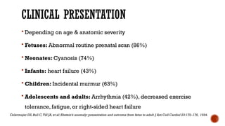 CLINICAL PRESENTATION
 Depending on age & anatomic severity
 Fetuses: Abnormal routine prenatal scan (86%)
 Neonates: Cyanosis (74%)
 Infants: heart failure (43%)
 Children: Incidental murmur (63%)
 Adolescents and adults: Arrhythmia (42%), decreased exercise
tolerance, fatigue, or right-sided heart failure
Celermajer DS,Bull C,Till JA,et al: Ebstein’s anomaly: presentation and outcome from fetus to adult.J Am Coll Cardiol 23:170–176, 1994.
 