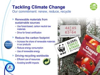 Tackling Climate Change   Our commitment: renew, reduce, recycle Renewable materials from sustainable sources   Use forest-based, carbon neutral raw materials  Drive for forest certification  Reduce the carbon footprint   Increase the share of renewable materials  in our products Reduce energy consumption Use of renewable energy Driving recycling worldwide Efficient use of resources Avoiding landfill impacts 