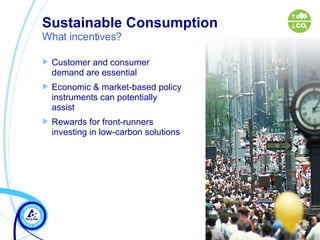 Sustainable Consumption  What incentives? Customer and consumer demand are essential  Economic & market-based policy instruments can potentially assist  Rewards for front-runners investing in low-carbon solutions  