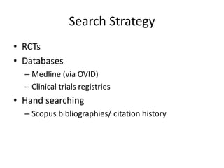 Search Strategy
• RCTs
• Databases
– Medline (via OVID)
– Clinical trials registries
• Hand searching
– Scopus bibliographies/ citation history
 