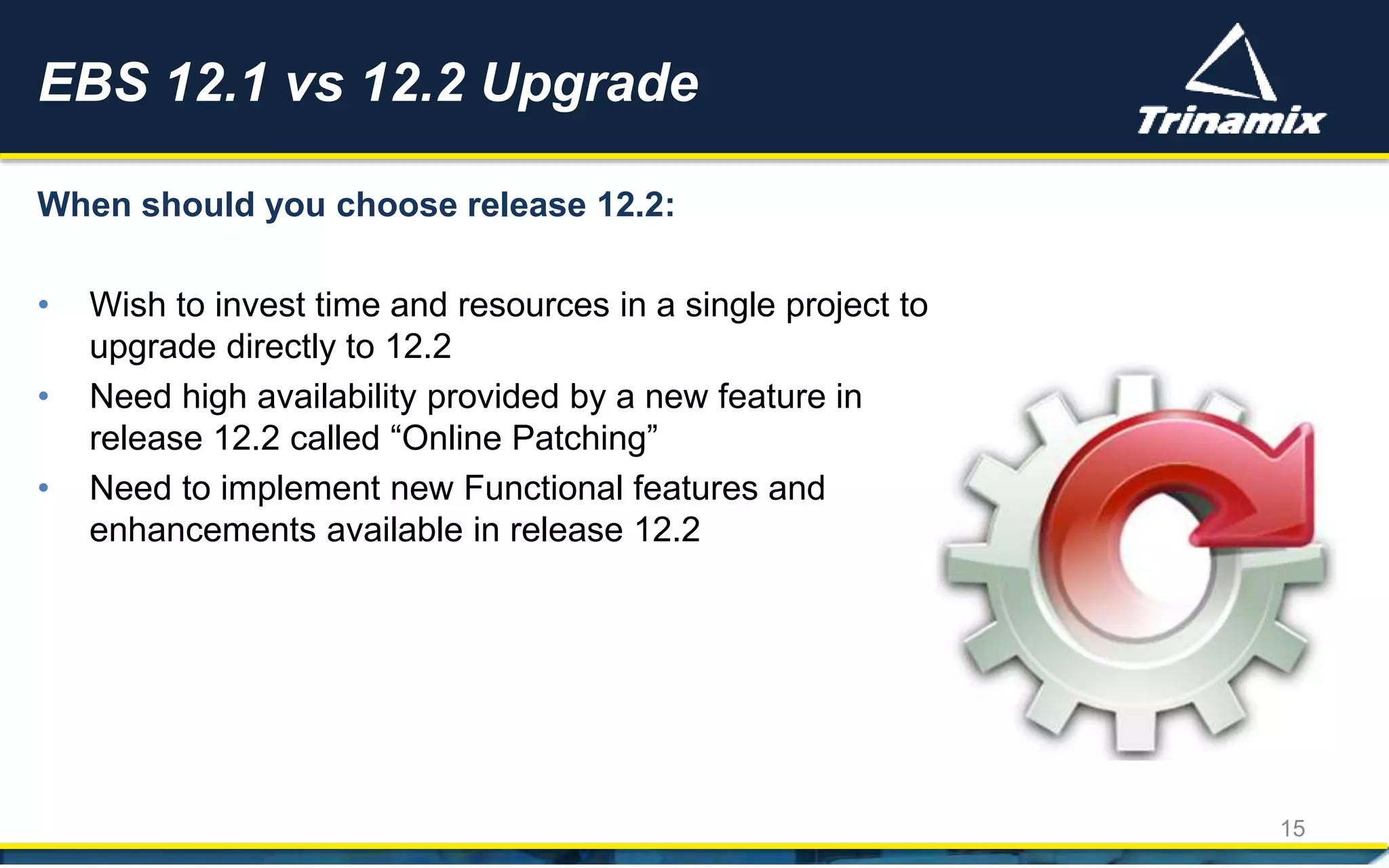 When should you choose release 12.2:
• Wish to invest time and resources in a single project to
upgrade directly to 12.2
• Need high availability provided by a new feature in
release 12.2 called “Online Patching”
• Need to implement new Functional features and
enhancements available in release 12.2
EBS 12.1 vs 12.2 Upgrade
15
 