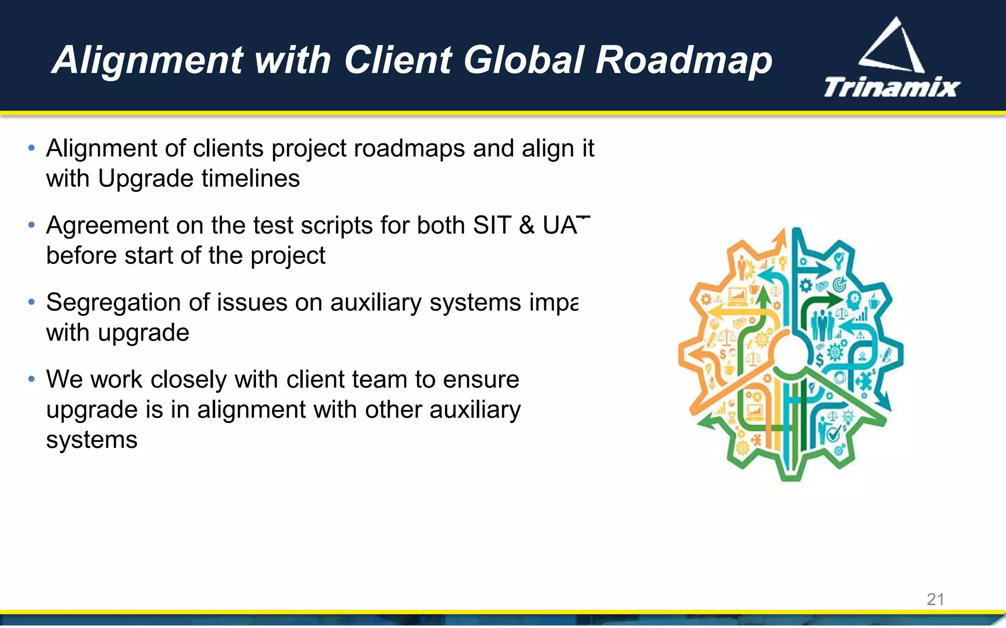 • Alignment of clients project roadmaps and align it
with Upgrade timelines
• Agreement on the test scripts for both SIT & UAT
before start of the project
• Segregation of issues on auxiliary systems impact
with upgrade
• We work closely with client team to ensure
upgrade is in alignment with other auxiliary
systems
Alignment with Client Global Roadmap
21
 
