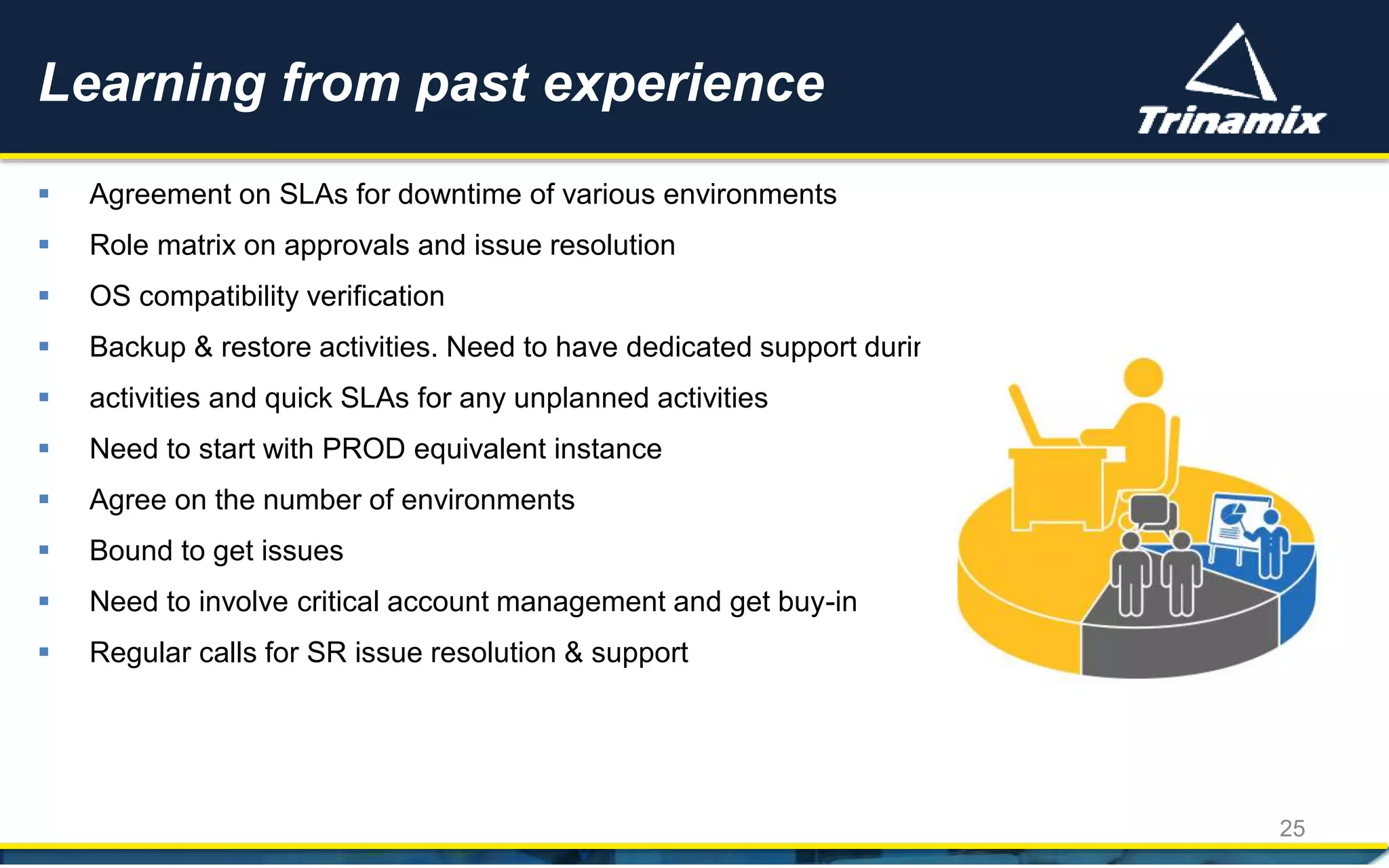  Agreement on SLAs for downtime of various environments
 Role matrix on approvals and issue resolution
 OS compatibility verification
 Backup & restore activities. Need to have dedicated support during planned
 activities and quick SLAs for any unplanned activities
 Need to start with PROD equivalent instance
 Agree on the number of environments
 Bound to get issues
 Need to involve critical account management and get buy-in
 Regular calls for SR issue resolution & support
Learning from past experience
25
 