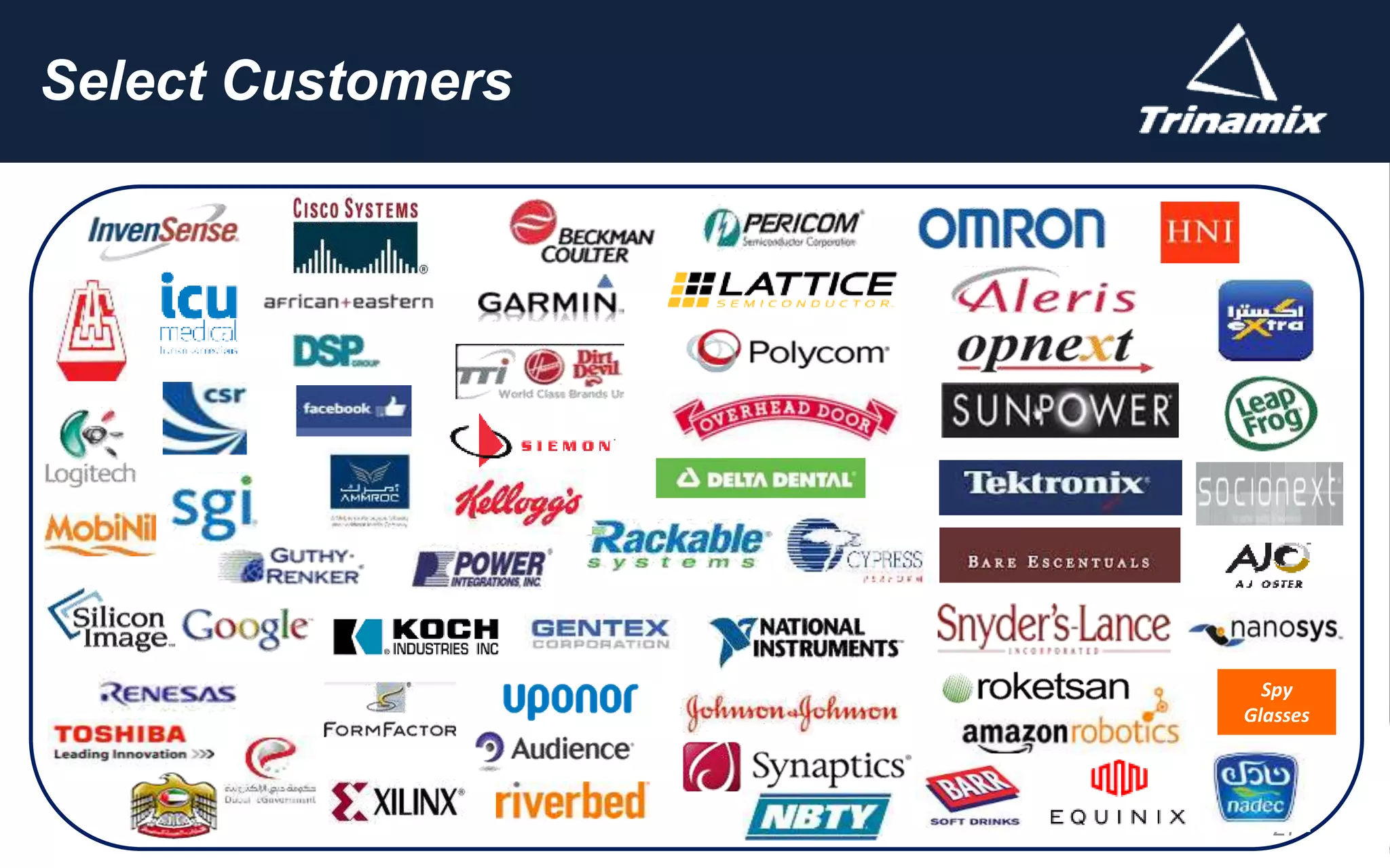 CUSTOMER
FOCUS
COMMITMENT
QUALITY
Click to edit Master title style 27
Spy
Glasses
Select Customers
 