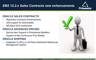 EBS 12.2.x Sales Contracts new enhancements
11
ORACLE SALES CONTRACTS
• Repository Contracts Enhancements
• UDA support for Deliverables
• MS Word 2010 Certification
ORACLE ADVANCED PRICING
• Service Item Support in Promotional Modifiers
• Support of Non-Continuous Price Breaks
ORACLE SHIPPING
• Integration to 3PLs or 3rd Party Distributed Warehouse
Management System
 